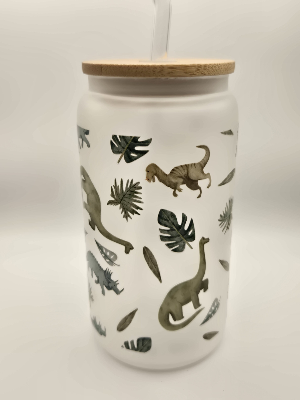 White Dinosaur Print Glass Drinking Jar with Bamboo Lid 16oz